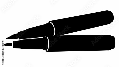 Two black markers with different tips lying on a white surface in a simple vector illustration style