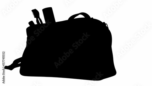 Silhouette of a travel toiletries bag with visible toothbrush and tube inside against a white background