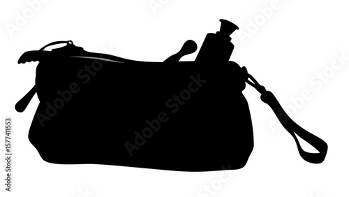 Silhouette of a black bag with a water bottle and a spoon inside, with a wrist strap attached to it