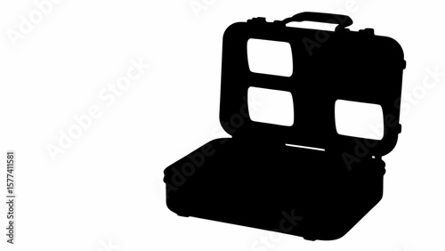 Silhouette of an open black hard case with a handle and three rectangular openings on the top half