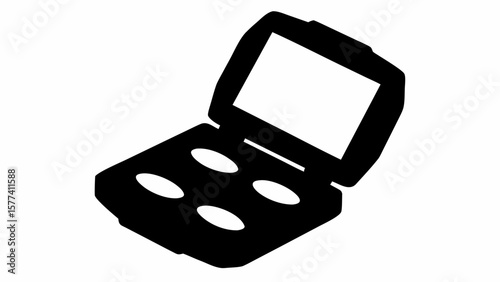 Illustration of an open black makeup palette with four white circular eyeshadows and a mirror inside