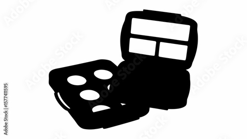 Illustration of an open bento box with several compartments and a tray with circular indentations, black silhouette