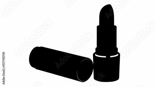 Silhouette of a lipstick tube standing upright with its cap lying next to it on a white background