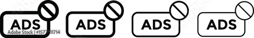 ad block icon set. No ads icon. No ad blocker icon set with red and black color. Remove advertisement logos. Ads with prohibition marks
