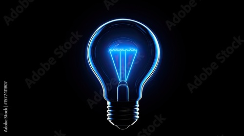 Bright Blue Neon Light Bulb with Dark Background for Creative Concepts