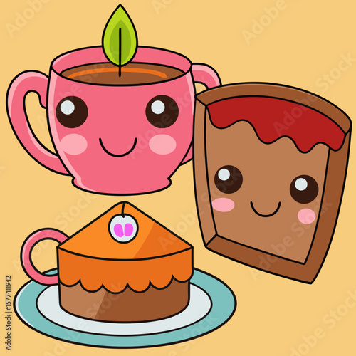 Cute cartoon tea and desserts with smiling faces