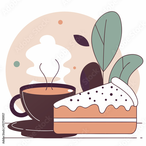 Coffee and cake illustration in warm pastel colors