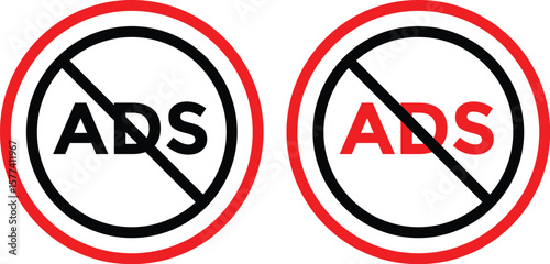 ad block icon set. No ads icon. No ad blocker icon set with red and black color. Remove advertisement logos. Ads with prohibition marks
