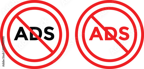 ad block icon set. No ads icon. No ad blocker icon set with red and black color. Remove advertisement logos. Ads with prohibition marks
