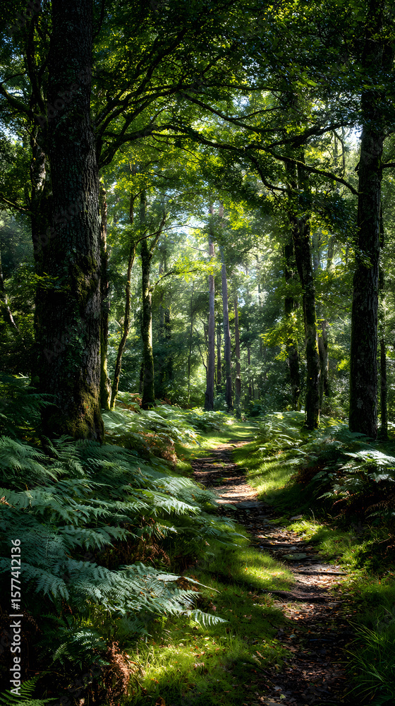 Fototapeta premium Tranquil Woodland Escape: A Sun-dappled Forest Path Through Lush Green Trees and Whispering Leaves