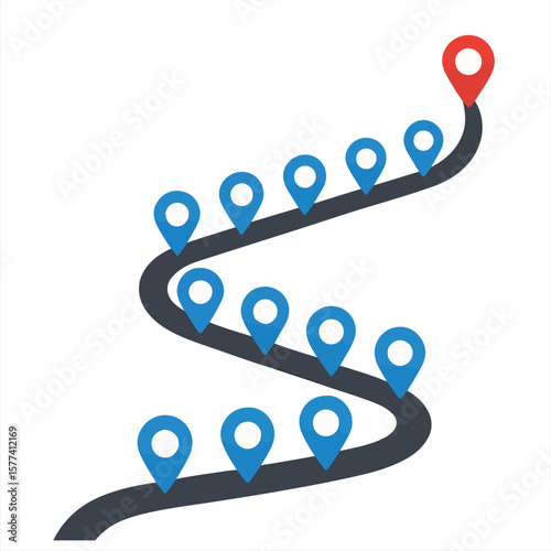 Curved travel route path with multiple location markers, showing journey progress and destination pin. Isolated on transparent background vector illustration