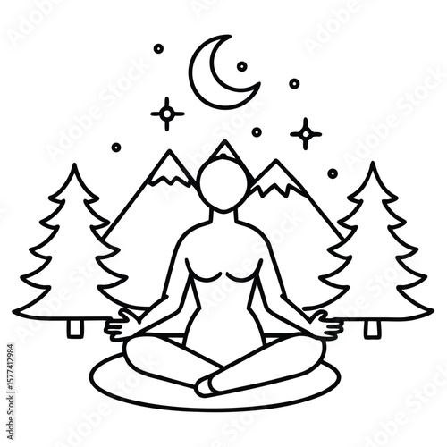 Person meditating under moon and stars with mountains and trees