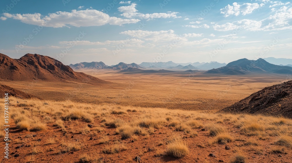 Naklejka premium Panoramic View of Desert Landscape Under Clear Blue Sky