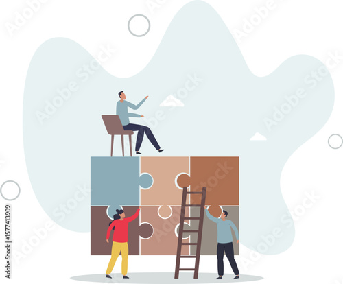 Teamwork puzzle and work collaboration with partnership .Jigsaw pieces match and assemble as business problem solution. character life .