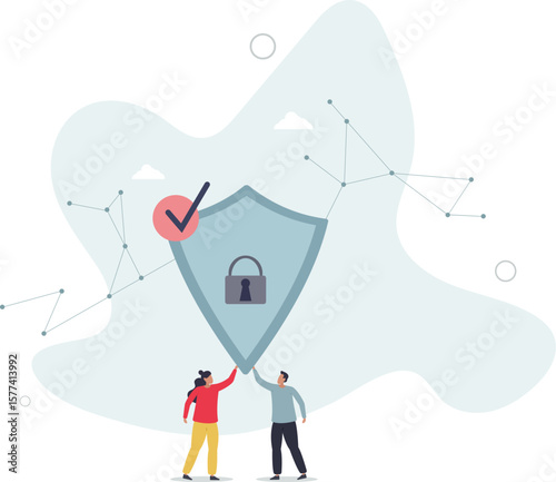 Cyber insurance with online internet danger protection.Locked key and shield as security for personal data and information leaking. character life .