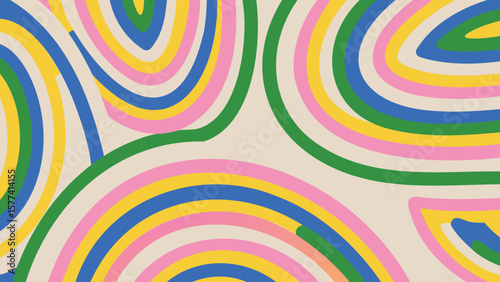 Abstract background with colorful concentric arches in green blue yellow and pink hues design pattern