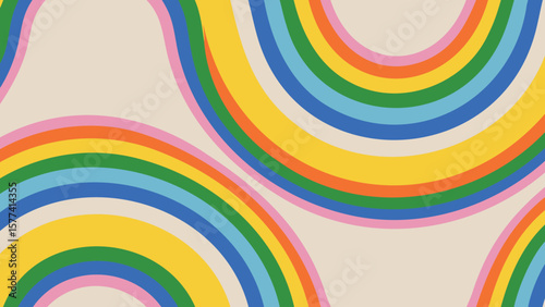 Colorful rainbow arches pattern with pink, orange, yellow, green, and blue on a light beige background