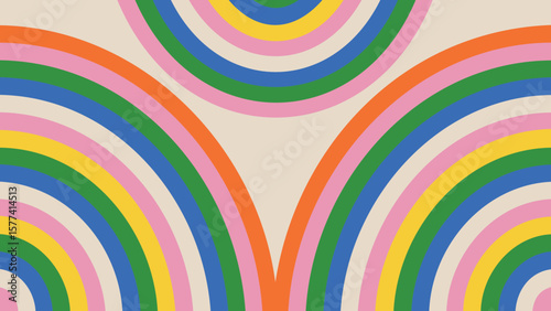 Colorful semicircles in a symmetrical pattern with orange, pink, green, yellow and blue hues create design