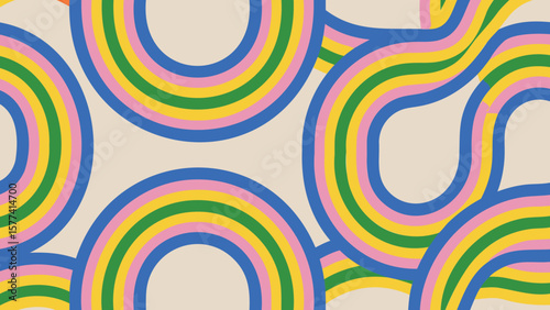 Colorful semicircles and curved lines in a retro style pattern on a light beige background design art