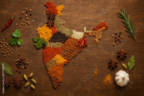 India map made of colorful spices, ethnic food concept with cultural and aromatic ingredients, symbolic traditional Indian cuisine, artistic culinary art representing Indian culture and heritage.
