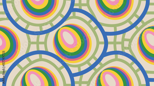 Abstract pattern featuring colorful concentric circles and intersecting green arcs design element