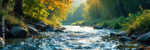 A multigenerational family's journey symbolized by a flowing river; representing life's currents and interconnectedness, from source to sea , kinship, flowing