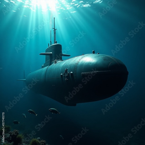 Wallpaper Mural Powerful military submarine cruising silently in deep ocean waters. Torontodigital.ca