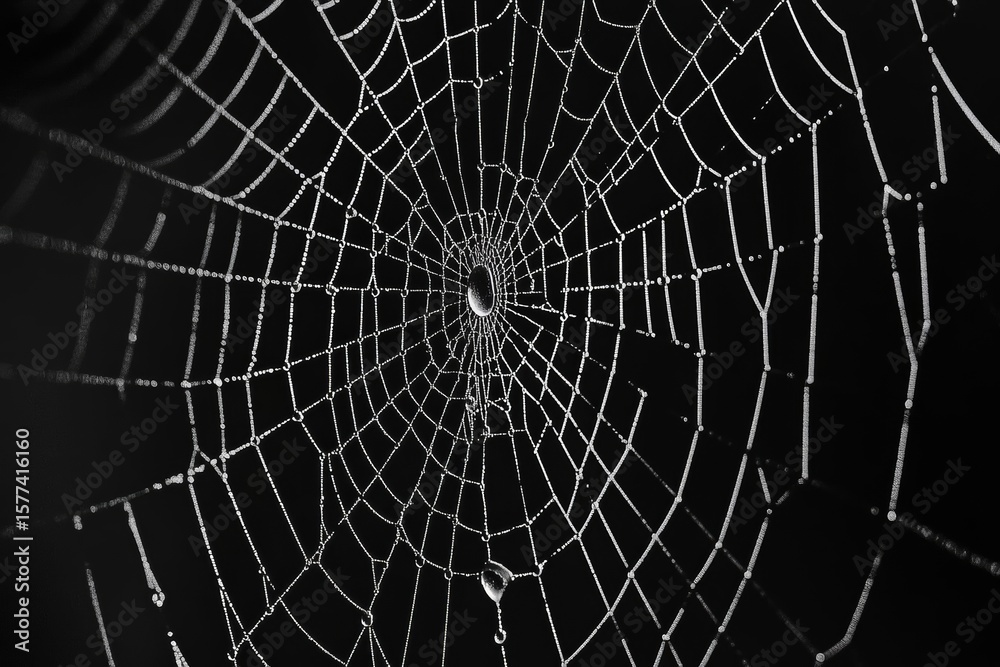 Obraz premium Dew-Covered Spiderweb: Intricate Nature, Black Background, Drops, Silk, Threads, Design, Macro, Water, Pattern, Texture