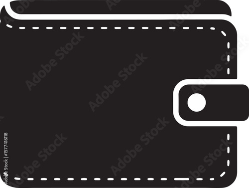 Black and white illustration of a wallet with a flap and dotted stitching for financial security