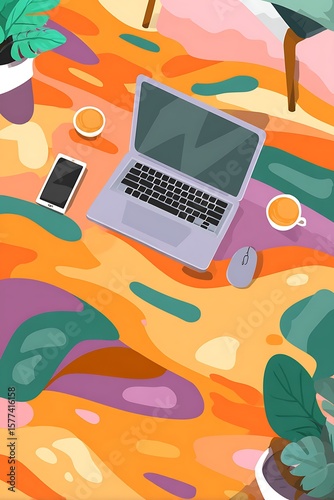 Vibrant workspace featuring technology and coffee