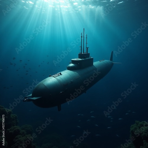 Wallpaper Mural Powerful military submarine cruising silently in deep ocean waters. Torontodigital.ca