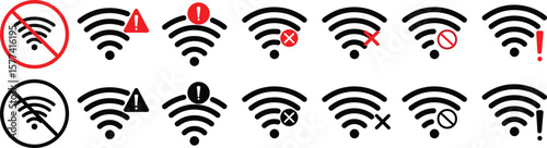 Wifi and wireless problem icon or no wifi icon set. No internet access crossed out symbol. wifi signal with a prohibition symbol. representing no internet connection. 
