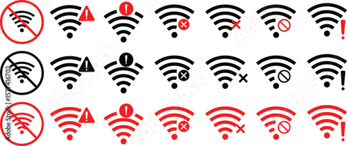 Wifi and wireless problem icon or no wifi icon set. No internet access crossed out symbol. wifi signal with a prohibition symbol. representing no internet connection. 
