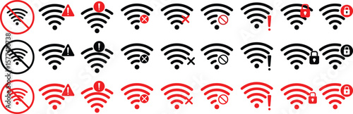 Wifi and wireless problem icon or no wifi icon set. No internet access crossed out symbol. wifi signal with a prohibition symbol. representing no internet connection. 

