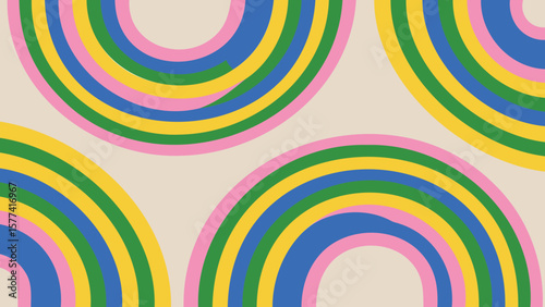 Colorful semicircles pattern with pink blue green and yellow on a beige background design style 100
