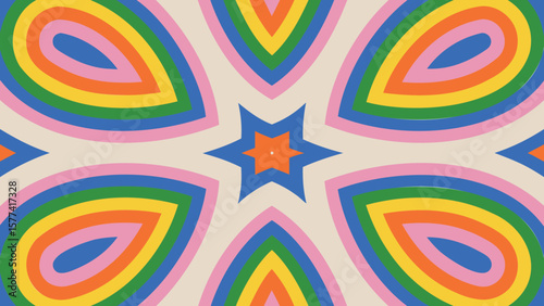Kaleidoscopic art featuring concentric rainbow shapes and a central starburst design element that is colorful