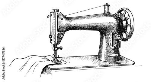 Vintage ink sketch of a sewing machine at work - hand drawn black and white vector illustration engraving svg