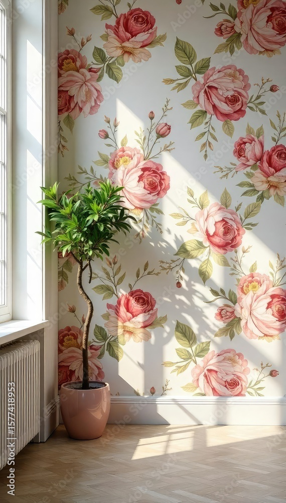 Fototapeta premium Elegant floral wallpaper adorns a sunlit interior, creating a serene and sophisticated atmosphere Perfect for home decor, design blogs, and interior design projects , elegant, decoration