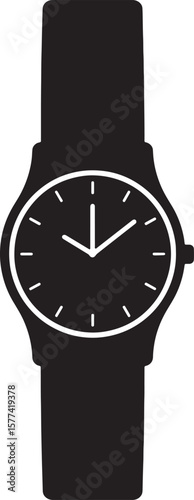 Minimalist black and white illustration of an analog wristwatch depicting timekeeping and punctuality