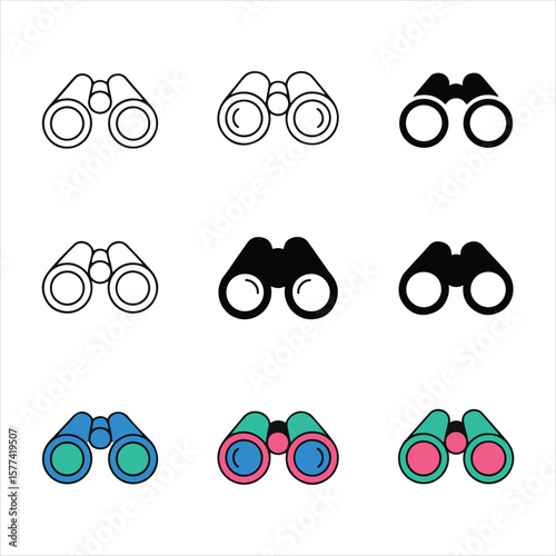Binocular Icon Set – Line, Solid, and Color Style Vector Collection