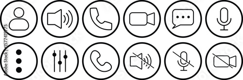 Video call buttons set.  Videocall Icon. Collection of internet conversation buttons. Video chat concept. Avatar, video call, handset, speaker, message, and mute buttons. Vector icons.
