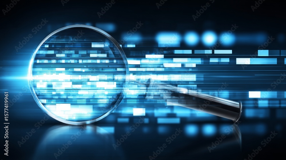 Fototapeta premium Magnifying glass scanning digital interface with futuristic tech background. Transparent vector concept representing search, analysis, data exploration, and electronic scanning in modern technology