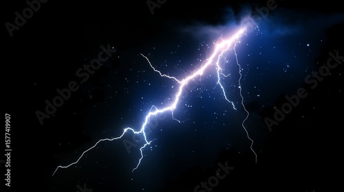Single powerful lightning bolt striking on dark sky, dramatic close-up of thunder and electricity with HD details