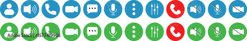 Video call buttons set.  Videocall Icon. Collection of internet conversation buttons. Video chat concept. Avatar, video call, handset, speaker, message, and mute buttons. Vector icons.
