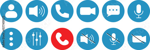 Video call buttons set.  Videocall Icon. Collection of internet conversation buttons. Video chat concept. Avatar, video call, handset, speaker, message, and mute buttons. Vector icons.
