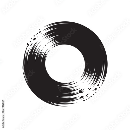 Abstract black brush stroke circle with splatters on white background