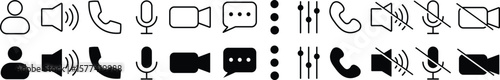 Video call buttons set.  Videocall Icon. Collection of internet conversation buttons. Video chat concept. Avatar, video call, handset, speaker, message, and mute buttons. Vector icons.

