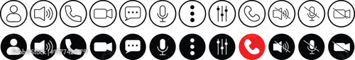 Video call buttons set.  Videocall Icon. Collection of internet conversation buttons. Video chat concept. Avatar, video call, handset, speaker, message, and mute buttons. Vector icons.
