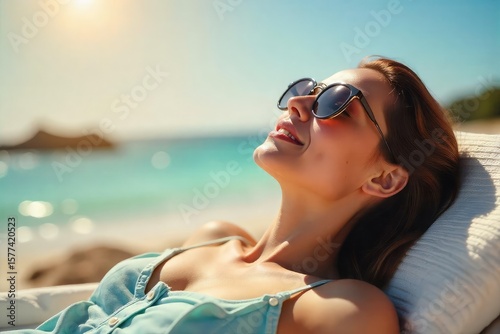 Relaxing sunbath with stylish sunglasses on a sunny day Perfect for summer, vacation, and travel themes Enjoy the warmth and bright sunshine , heat, sunglasses