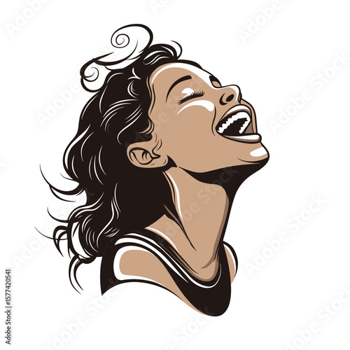 Joyful young woman laughing with head back vector illustration